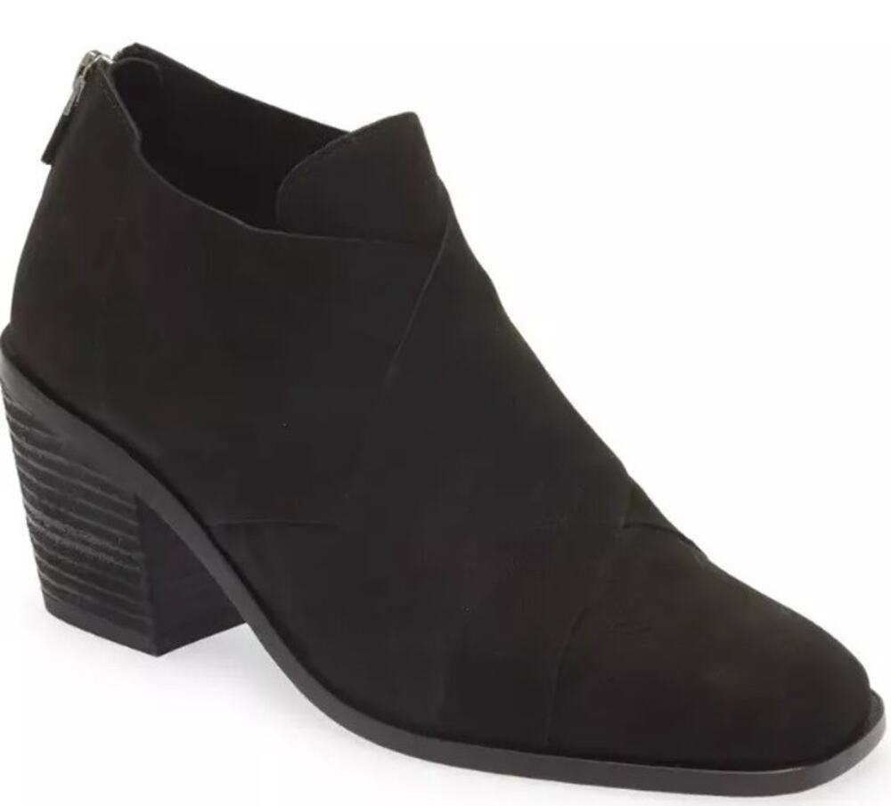 Eileen Fisher Ember Boots Block Heel Back Zip Square Toe Suede Booties Black 7.5